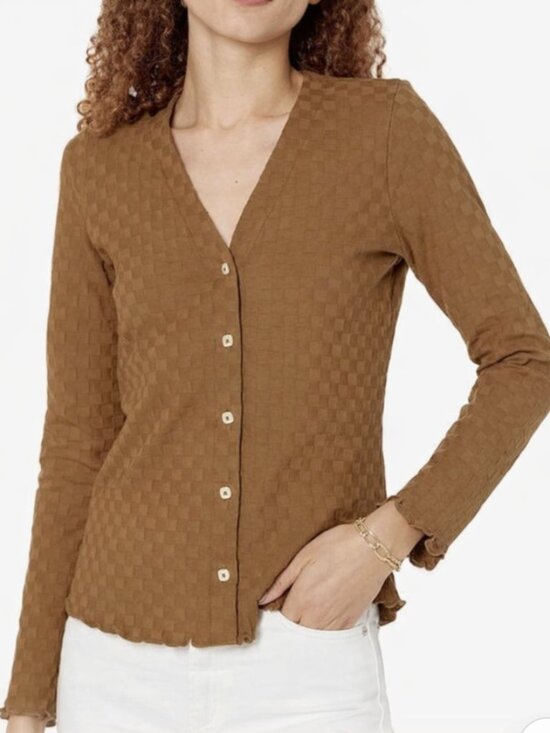 Madewell Tops - MADEWELL V-Neck Cardigan in Checkerboard Jacquard in Sepia Small Granola Girl